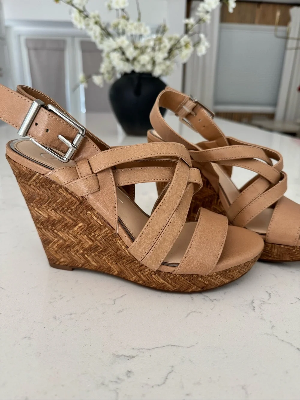 Jessica Simpson Tan Woven Leather Strappy Wedge Sandals